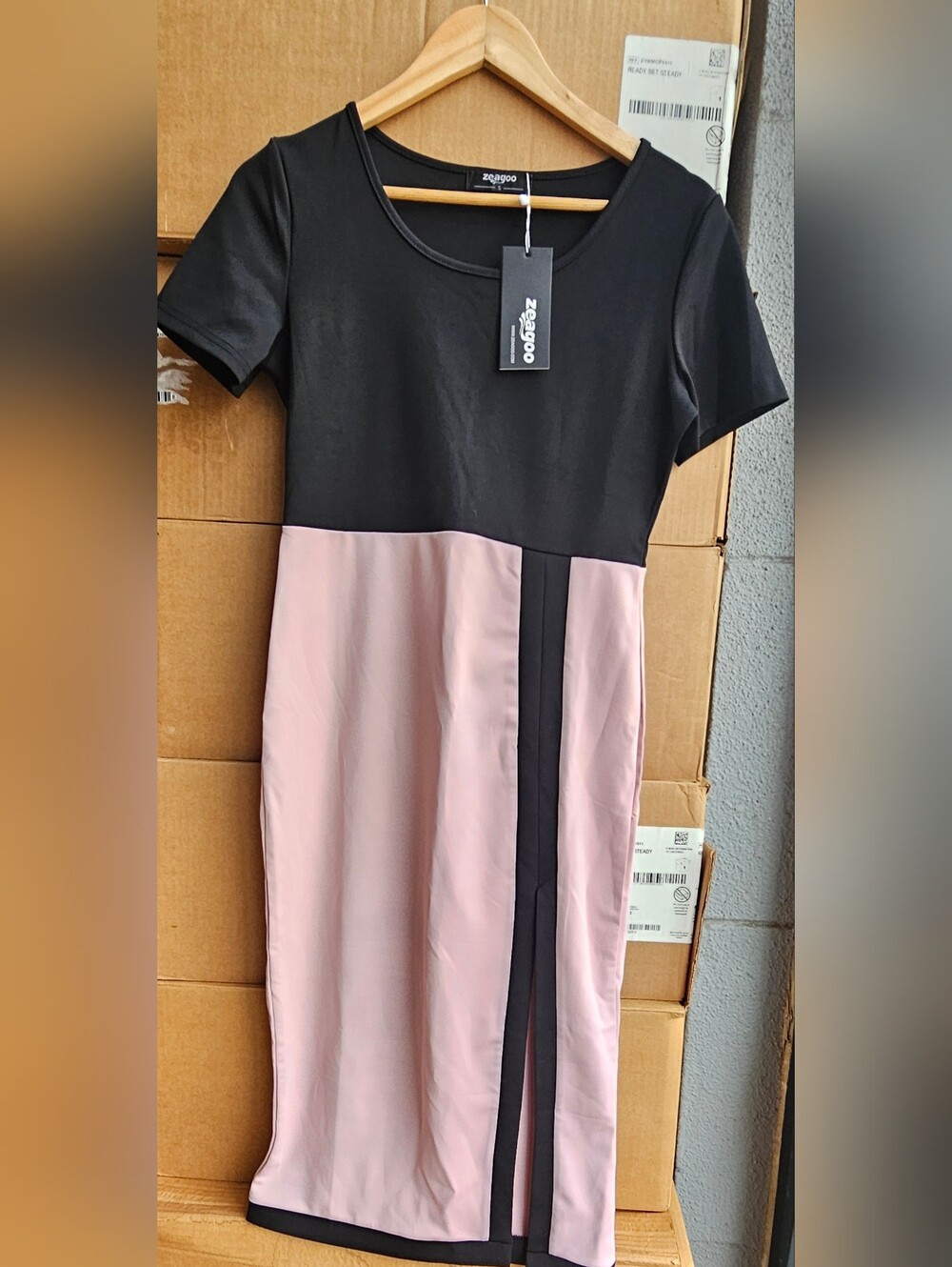 Zeagoo Pink & Black Colorblock Midi Dress, Short Sleeve Size S NWT